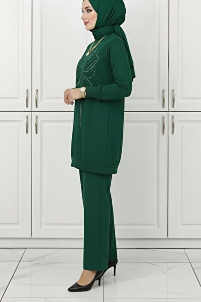 Mercan NUR SEMA TAKIM Lycra Crystal Cotton Fabric Hijab Σετ δύο τεμαχίων Λεπτομέρεια από πέτρα Σμαραγδένιο