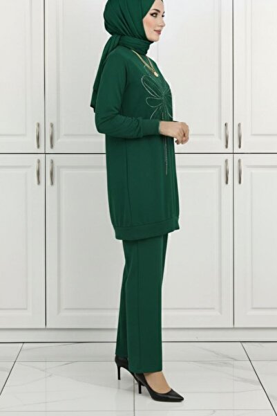 Mercan NUR SEMA TAKIM Lycra Crystal Cotton Fabric Hijab Σετ δύο τεμαχίων Λεπτομέρεια από πέτρα Σμαραγδένιο