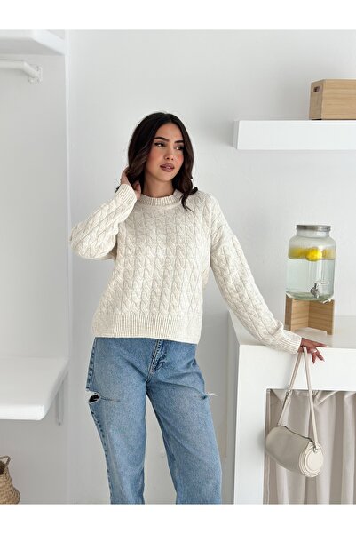 Brantu Klasický pletený vzorovaný dámský svetr ecru