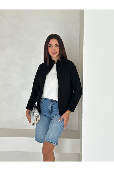 Brantu Cardigan de tricotat negru pentru femei, cu fermoar, combinație sporti...