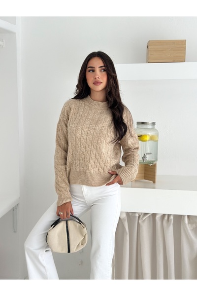 Brantu Pulover de tricot bej pentru femei cu model clasic de tricotat