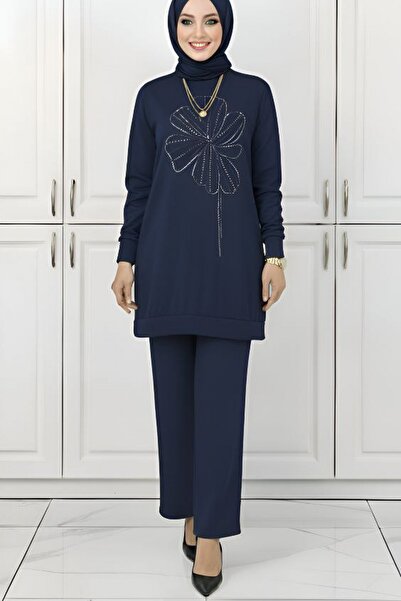 Mercan Nur Sema Takim Lycra Crystal Cotton Fabric Hijab Double Set Stone Detail Navy Blue