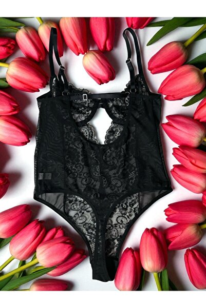 BUELLNA Siyah Kadın Dantel Tül Balenli Bodysuit - Şık İç Giyim