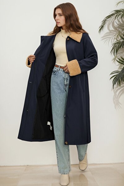hiramir Kadın Yakası Kürklü Uzun Trençkot Lacivert KS2542