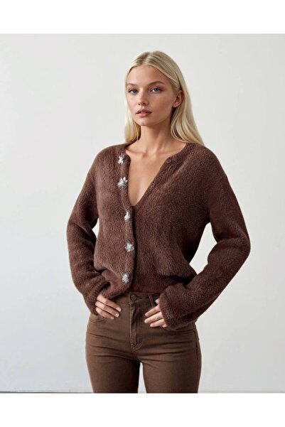 TRİNİTY Women's Stone-Studded Feather Cardigan