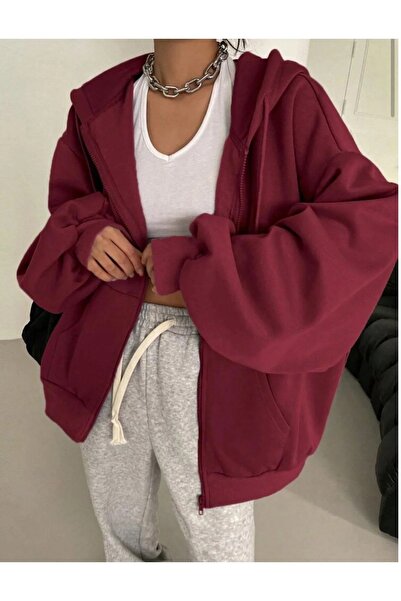 BRLKN Kadın Kapüşon Detay Fermuarlı Balon Kol Hırka