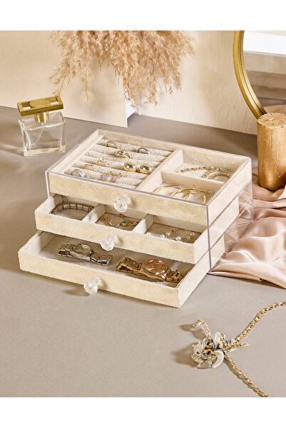 EVSTYLE Тристепенен органайзер за бижута и козметика с кадифени чекмеджета