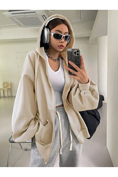 BRLKN Kadın Kapüşon Detay Fermuarlı Balon Kol Hırka