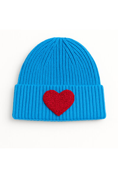 byebruketenci BLUE WOOLED BEANIE SILVERY RED HEART PUNCH PATTERNED HAT