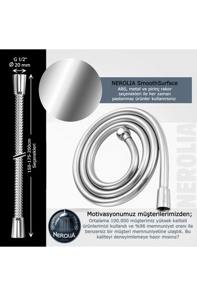 NEROLIA 200 cm Su Tasarrufu Sağlayan Paslanmaz Rakorlu PVC Duş Hortumu - Sızdırmaz