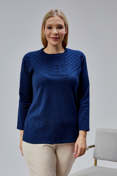 Jinx Wear Fashion Kadın Triko Yaka İnci Detay Kışlık Orta Yaş Günlük Anne Blu...