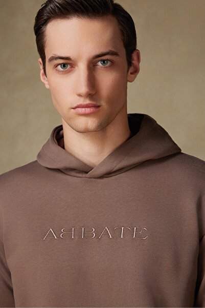 Abbate Худі з трикотажної тканини з бавовни, комфортний крій, коричневий, з велосипедним коміром, чоловічий, з вишивкою