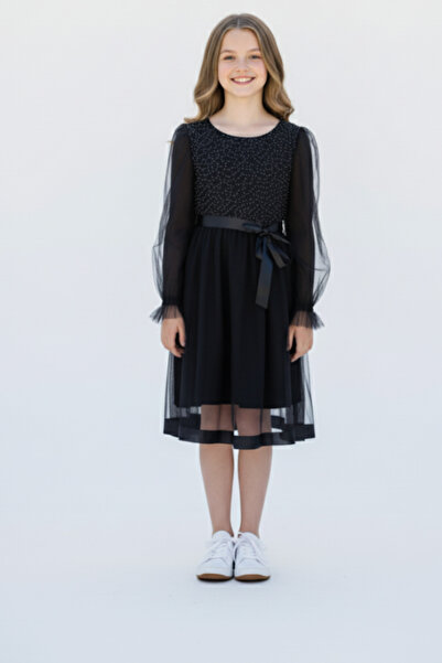 ESİLA KİDS Kız Çocuk Siyah Uzun Kollu Şifon Tüllü Abiye Elbise - Özel Gün ve Davet Kombini