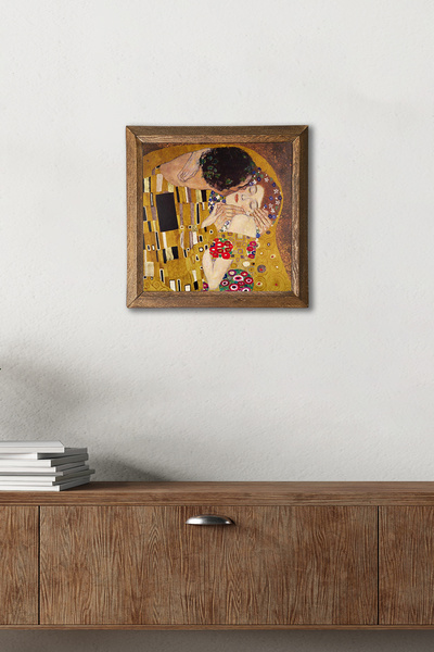 Pinecone Gustav Klimt Öpücük Ahşap Çerçeveli Taş Duvar Tablosu – 25x25 cm Ev ve Ofis Dekoru |W1-25|