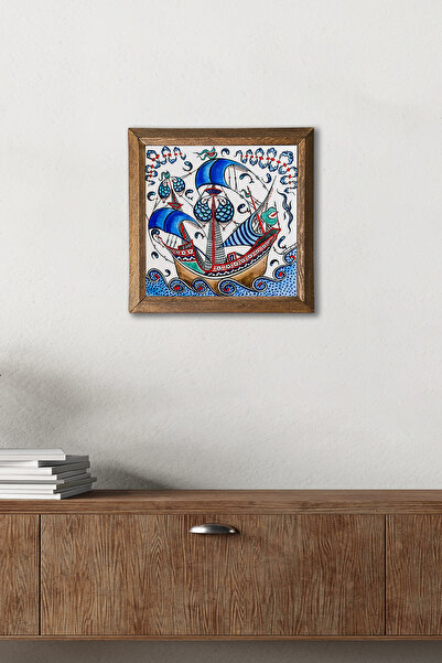 Pinecone Pictură pe perete din piatră cu cadru din lemn, artă cu plăci, navă cu vele – 25x25 cm Decor pentru casă și birou | W1-183 |