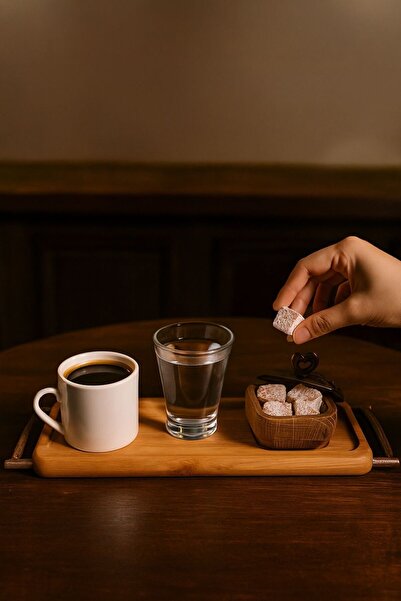 tios home Beech Wood Coffee Presentation Set – Turkish Delight Bowl with Copper Lid, Water Glass and Cup