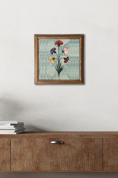 Pinecone Pictură murală cu piatră înrămată cu artă Ebru cu cadru din lemn – 25x25 cm Decor decorativ pentru casă și birou | W1-243 |