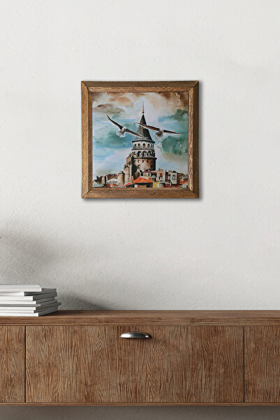 Pinecone Pictură pe perete din piatră cu cadru din lemn Turnul Galata din Istanbul – 25x25 cm Decor pentru casă și birou | W1-89 |