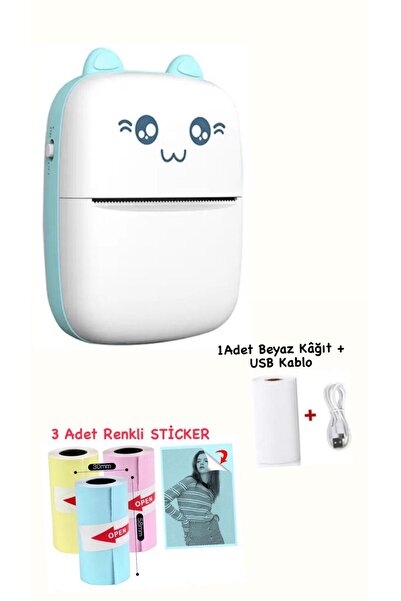 Schulzz Mini Termal Taşınabilir Yazıcı Mavi, 1 Adet Beyaz Kağıt + 3 renkli st...