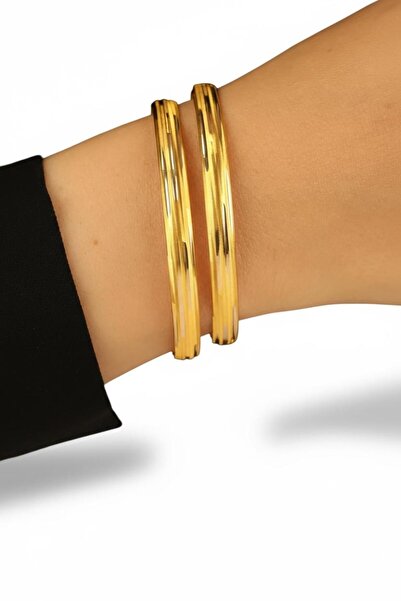 Çgk Çiğdem Gürel Kuyumculuk 2'li 8K Altın Düz Çizgili Tasarım Hediyelik Bilezik – Kadın, Parlak Sade Model