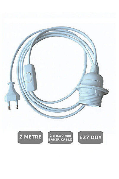 CONANA E27 Duylu 2 Metre Arapuarlı (Aç Kapat Anahtar) Fişli Abajur Duyu Seyyar (2X0,50) (Beyaz)