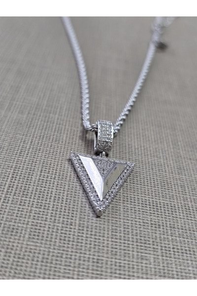 stainles steel Zirkon İşlemeli Paslanmaz Çelik Üçgen Kolye