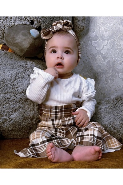 Jammybaby Spanish-Style Plaid Patterned Baby Girl Set and Bandana, 100% Cotton Ribbed Shoulder Ruffles