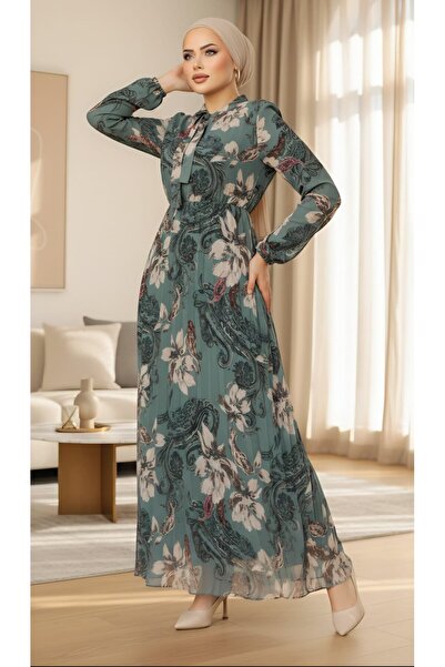 ALA MİRA Çiçek Desenli Çağla Yeşili Tesettür Elbise ALM50355CY