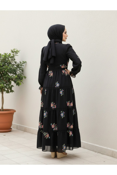 ALA MİRA Çiçek Desenli Siyah Tesettür Elbise ALM32815S