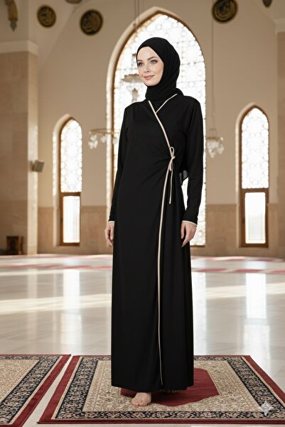 REY-VİA İçten Dıştan Bağlamalı Biyeli Kruvaze Yaka Namaz Elbisesi Likralı Esnek Kumaş