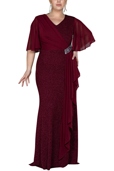 Arden Büyük Beden Uzun Abiye, Simli Taş Detay Kruvaze, V Yaka Kısa Kol Elbise...