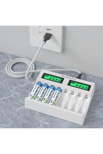 Choice شاحن بطاريات ذكي أبيض PUJIMAX مزود بـ 8 فتحات لبطاريات Ni-MH القابلة ل...