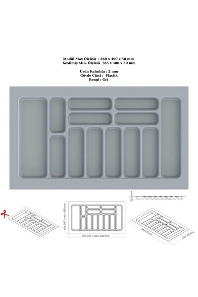 KOÇSAN Drawer Inside Cutlery Holder, Organizer, Organizer 86 cm X 49 Cm-Grey