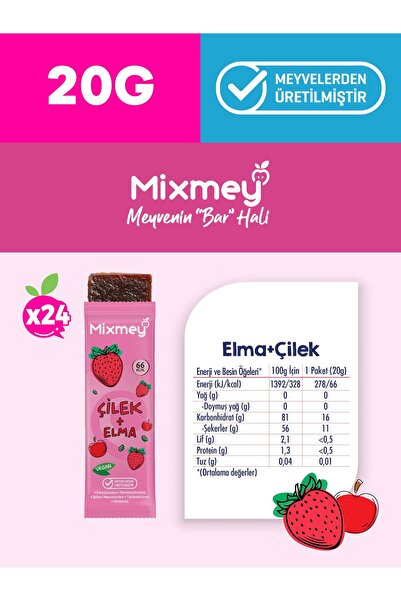 mixmey Çilek Meyve Barı 24 Adet | Sağlıklı Atıştırmalıklar – Vegan, Glutensiz, Koruyucusuz (20GR X 24 ADET)