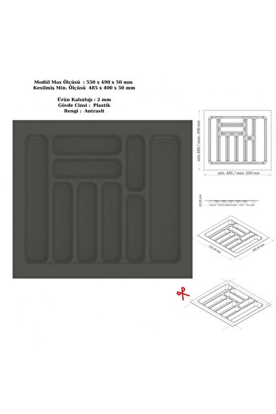 KOÇSAN Çekmece İçi Kaşıklık, Düzenleyici, Organizatör 55 CM X 49 CM-Antrasit