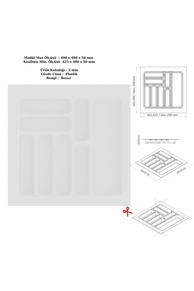 KOÇSAN Drawer Inside Cutlery Holder, Organizer, Organizer 49 cm X 49 Cm-White