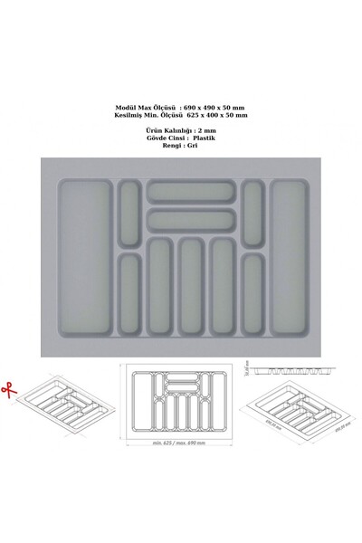 KOÇSAN Drawer Inside Cutlery Holder, Organizer, Organizer 69 cm X 49 Cm-Grey
