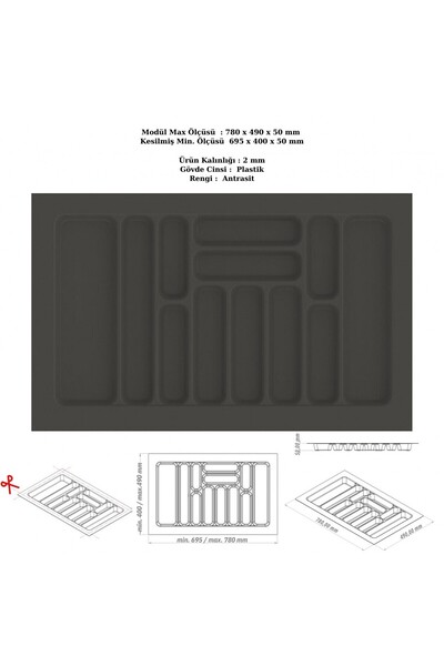 KOÇSAN Drawer Inside Cutlery Holder, Organizer, Organizer 78 cm X 49 Cm-Anthr...