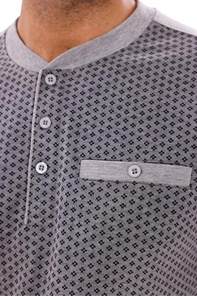 KozaLüks Men's Seasonal Gray Polka Dot Patterned Long Sleeve Pajama Set