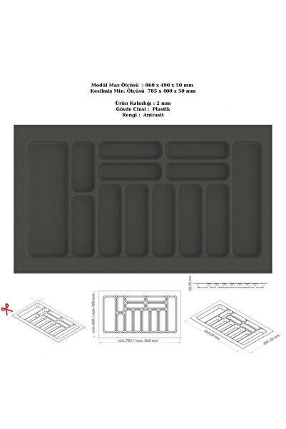 KOÇSAN Drawer Inside Cutlery Holder, Organizer, Organizer 86 cm X 49 Cm-Anthracite