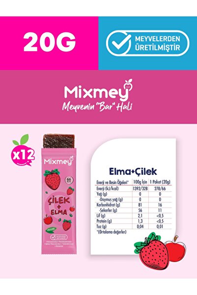 mixmey Çilek Meyve Barı 12 Adet | Sağlıklı Atıştırmalıklar – Vegan, Glutensiz, Koruyucusuz (20GR X 12 ADET)