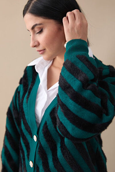 InStyle Emerald Green Short Knitwear Cardigan - Feather Stripe Detailed