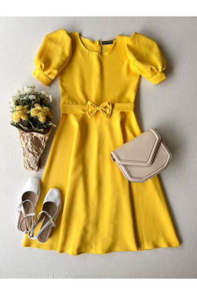 KÜÇÜĞÜM BUTİK Kadın Sarı Renk Karpuz Kollu Krep Midi Boy Kloş Elbise