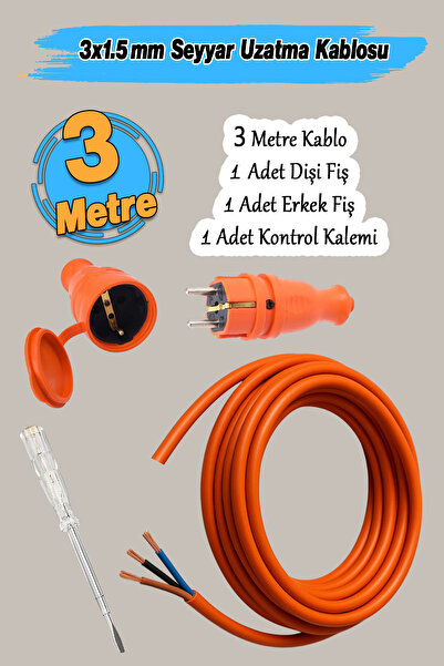 Badem10 Seyyar 3 Metre Uzatma Kablosu TTR CCA Çok Telli 3x1.5 mm Elektrik Kab...