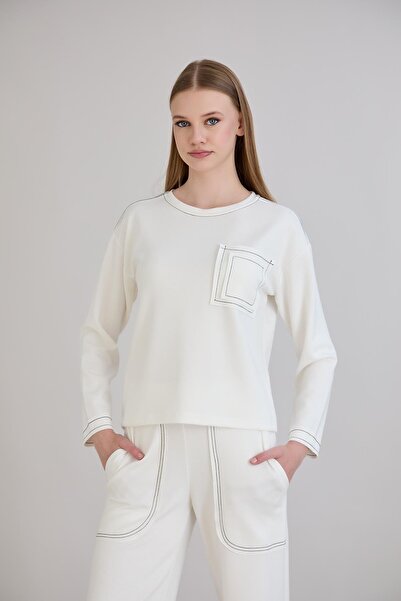 Sortie Γυναικείο φούτερ με λεπτομέρεια ραφής στην τσέπη, με λαιμόκοψη, μήκους μίντι, χρώμα εκρού, μοντέρνο φούτερ