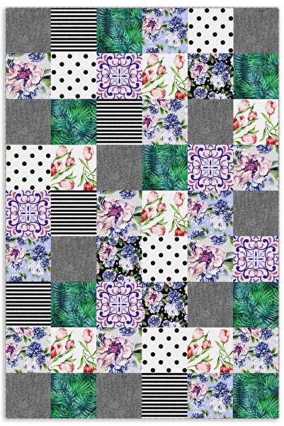 Pastel Home Gri Yeşil Çiçekli Patchwork Şönil Halı Kilim Yolluk Kaymaz Yıkana...