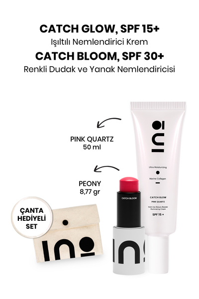 INO Cosmetic Peony Ruj & Allık Büyük Boy 8,77Gr + Pink Quartz Işıltılı Nemlendirici Yüz Kremi + Makyaj Çantası