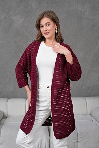 Irmak Kerekli Kadın Bordo Ajurlu Delikli Hırka Triko Hırka 91136