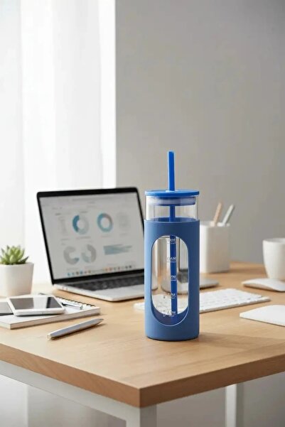 Miniso Silikon Kılıflı Pipetli Borosilikat Cam  Şişe (475ml) - Mavi