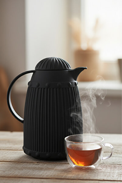 EWs 1 Lt Isı Yalıtımlı Çay Ve Soğuk Su Termosu Siyah (12 SAAT SICAK TUTAR& İÇİ CAMDIR)